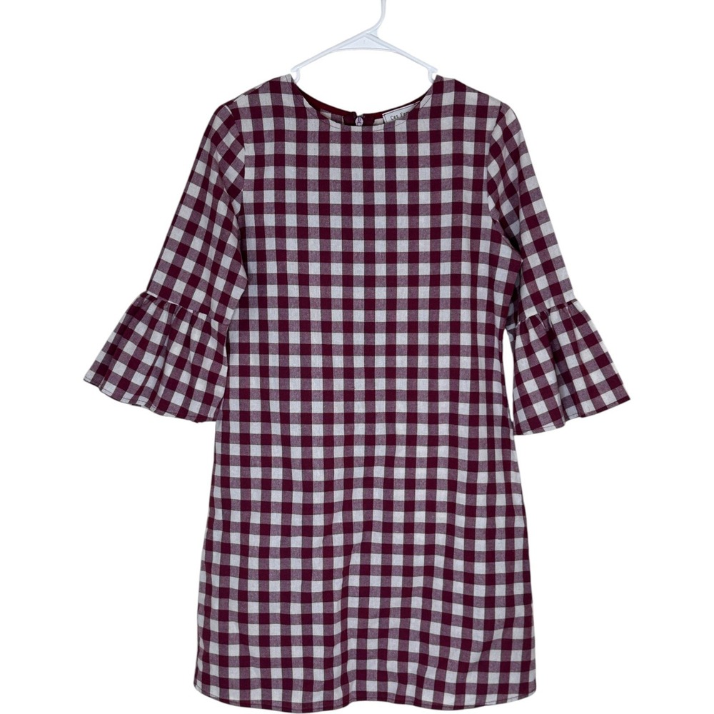 Ces Femme Shift Dress Womens Medium Burgundy Gingham Plaid Bell Sleeve Ruffle